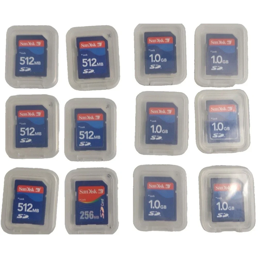 San Disk SD Memory Cards 1.0 GB 256 MB 512 MB Lot of 12 with Cases